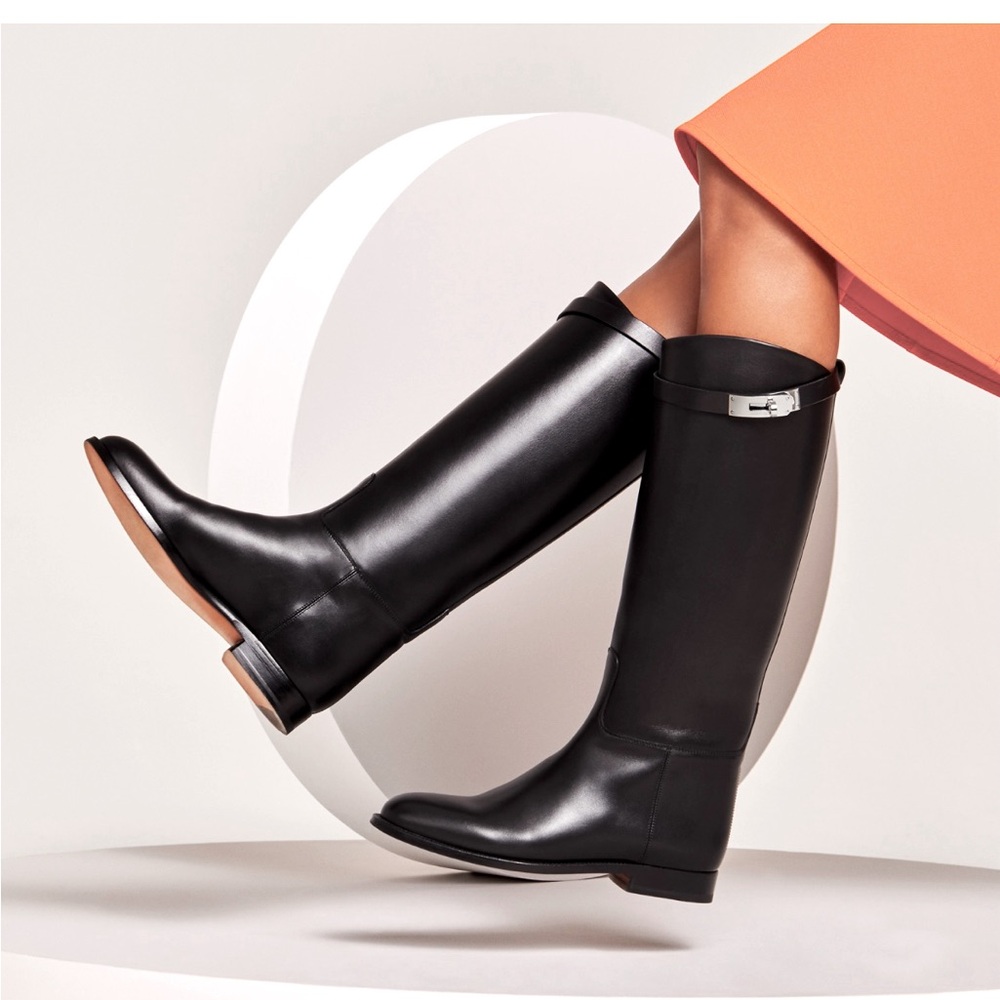 NEW HERMES JUMPING BOOTS NOIR PALLADIUM BLACK SILVER KELLY BIRKIN LOCK DESIGN